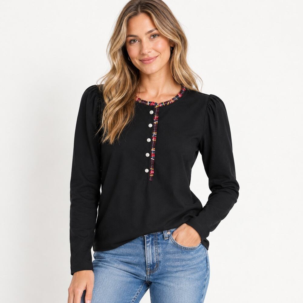 J.Crew Factory Long Sleeve Tartan and Jewels Henley Black Size Small NWT